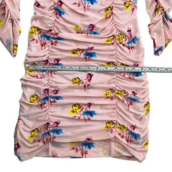 Ganni Floral Ruched Long Sleeve Stretch Mesh Bodycon Mini Dress Pink EU 36 US 4 - Picture 15 of 16